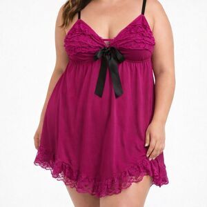 Cacique Fuchsia Pink Black Lace Trim Nightie Chemise Plus Size 18/20 Sirencore